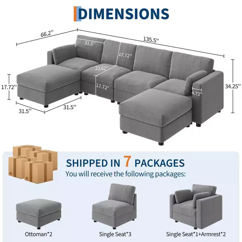 Oversized Modular Sectional Sofa,4/6 Seater Sectional Couch,104 L/136 U Shaped Sofa with Movable Ottoman,Convertible Modular Couch for Living Room