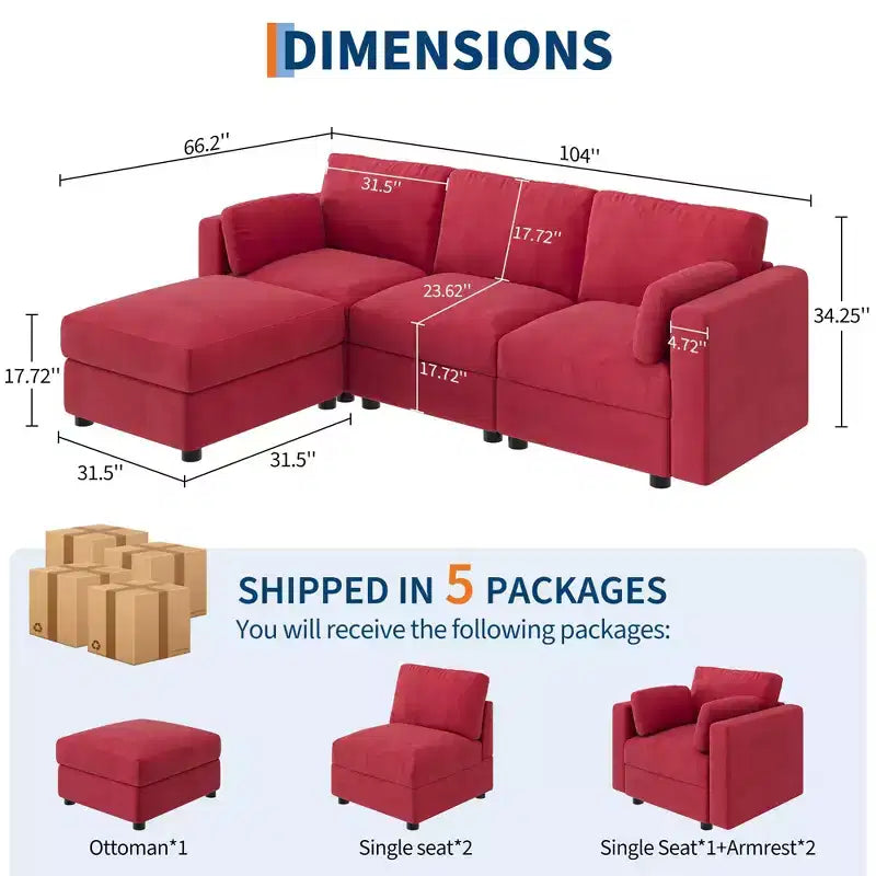 Oversized Modular Sectional Sofa,4/6 Seater Sectional Couch,104 L/136 U Shaped Sofa with Movable Ottoman,Convertible Modular Couch for Living Room