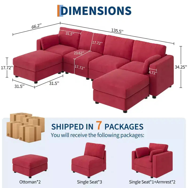 Oversized Modular Sectional Sofa,4/6 Seater Sectional Couch,104 L/136 U Shaped Sofa with Movable Ottoman,Convertible Modular Couch for Living Room