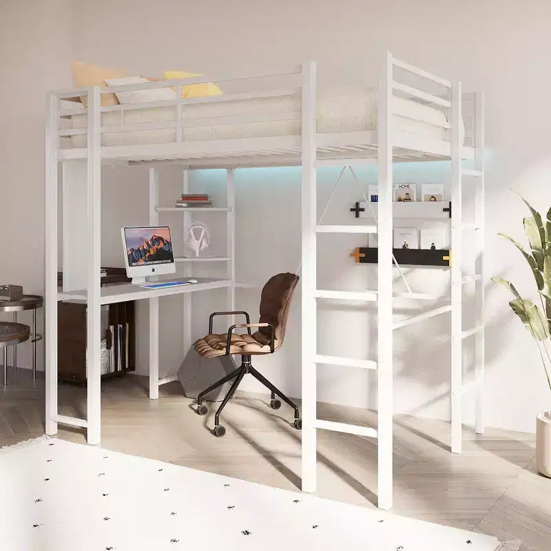 Celebalcony Loft Bed with Desk and Storage Shelves, Frame with 2 Side Ladders for Kids, Teens Adults,Space-Saving and Anti-tilt Design,Black