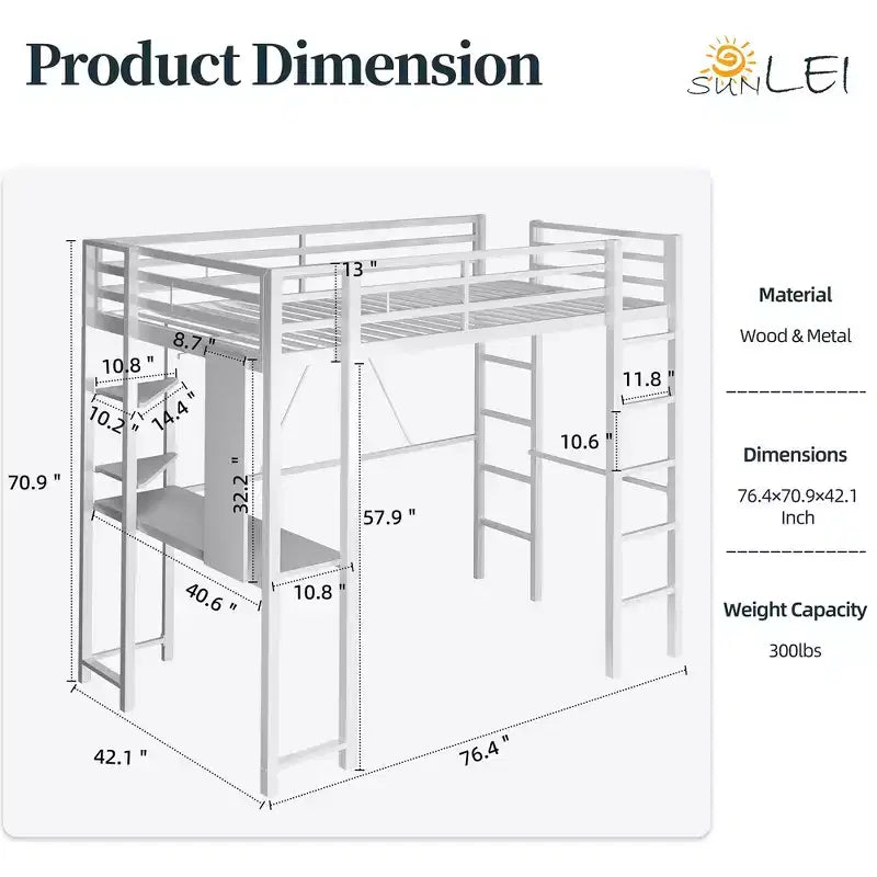 Celebalcony Loft Bed with Desk and Storage Shelves, Frame with 2 Side Ladders for Kids, Teens Adults,Space-Saving and Anti-tilt Design,Black