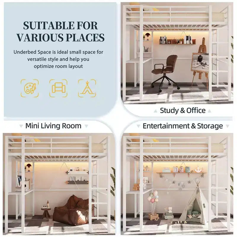 Celebalcony Loft Bed with Desk and Storage Shelves, Frame with 2 Side Ladders for Kids, Teens Adults,Space-Saving and Anti-tilt Design,Black