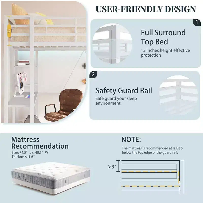 Celebalcony Loft Bed with Desk and Storage Shelves, Frame with 2 Side Ladders for Kids, Teens Adults,Space-Saving and Anti-tilt Design,Black