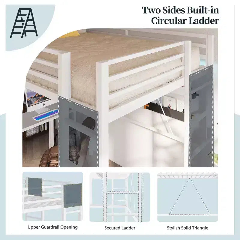 Celebalcony Loft Bed with Desk and Storage Shelves, Frame with 2 Side Ladders for Kids, Teens Adults,Space-Saving and Anti-tilt Design,Black