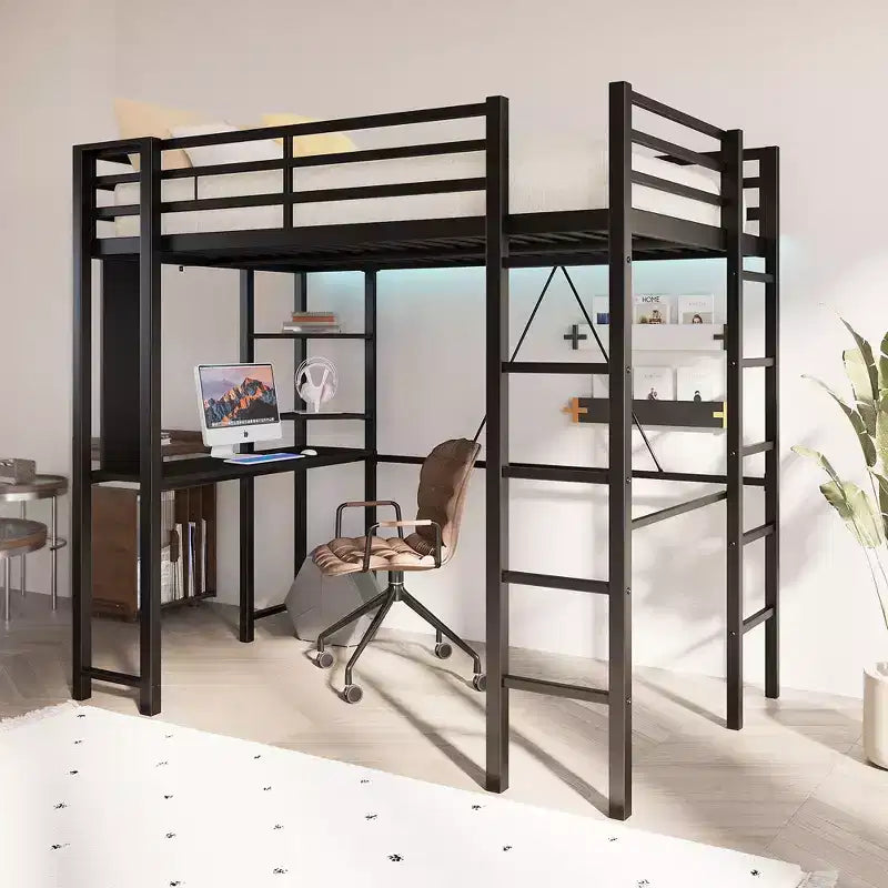 Celebalcony Loft Bed with Desk and Storage Shelves, Frame with 2 Side Ladders for Kids, Teens Adults,Space-Saving and Anti-tilt Design,Black