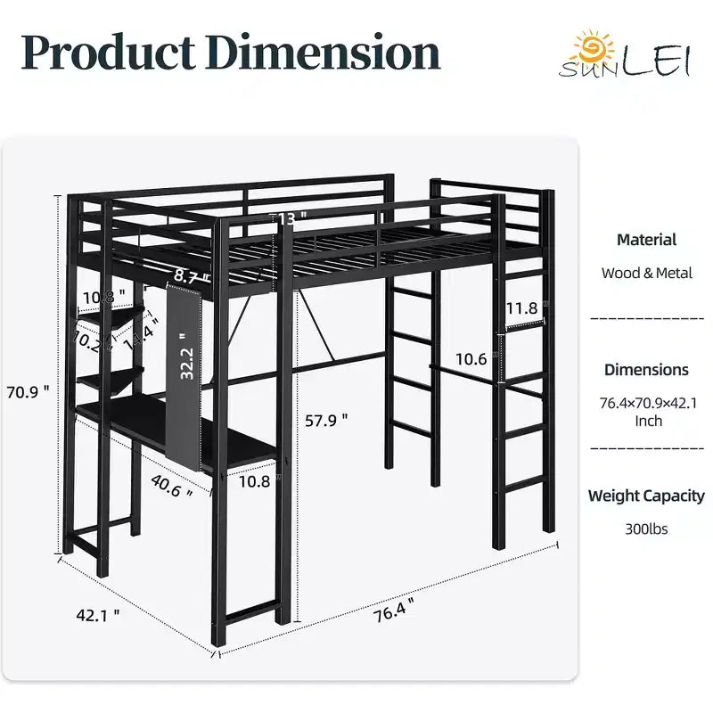Celebalcony Loft Bed with Desk and Storage Shelves, Frame with 2 Side Ladders for Kids, Teens Adults,Space-Saving and Anti-tilt Design,Black