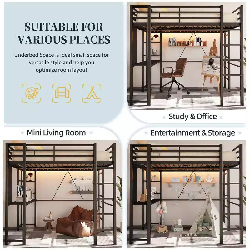 Celebalcony Loft Bed with Desk and Storage Shelves, Frame with 2 Side Ladders for Kids, Teens Adults,Space-Saving and Anti-tilt Design,Black