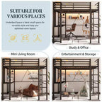 Celebalcony Loft Bed with Desk and Storage Shelves, Frame with 2 Side Ladders for Kids, Teens Adults,Space-Saving and Anti-tilt Design,Black