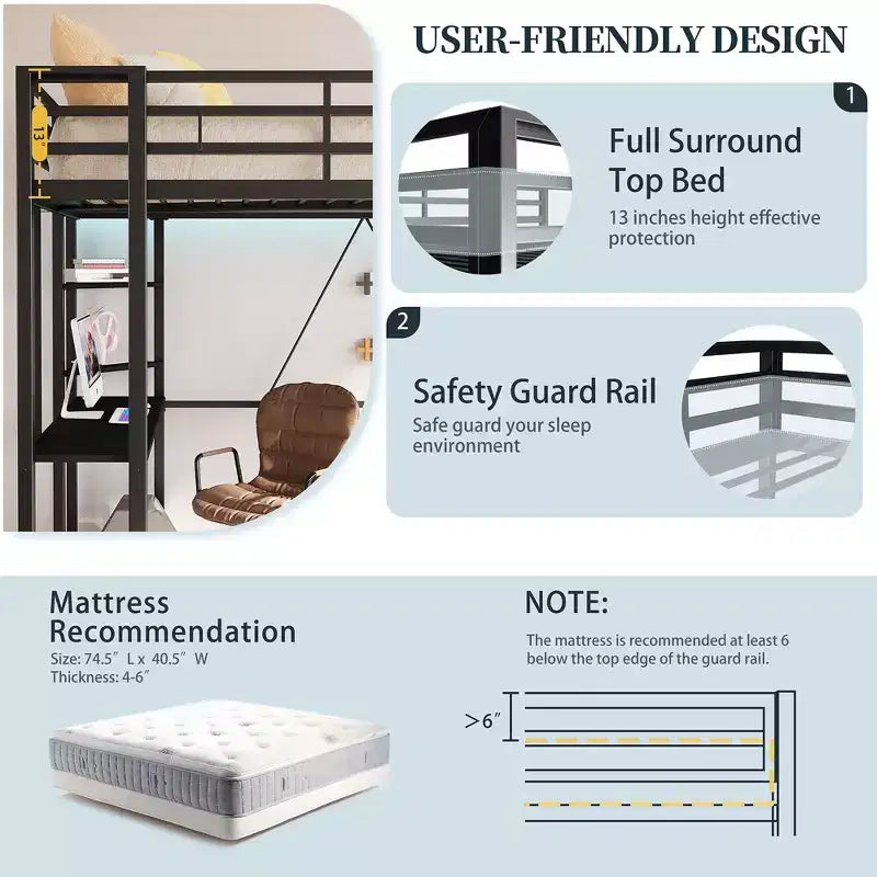 Celebalcony Loft Bed with Desk and Storage Shelves, Frame with 2 Side Ladders for Kids, Teens Adults,Space-Saving and Anti-tilt Design,Black