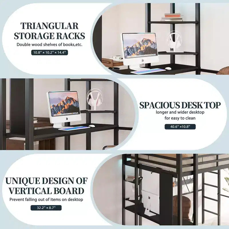 Celebalcony Loft Bed with Desk and Storage Shelves, Frame with 2 Side Ladders for Kids, Teens Adults,Space-Saving and Anti-tilt Design,Black