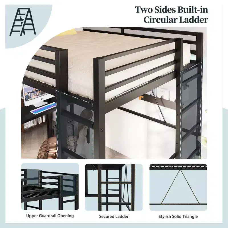 Celebalcony Loft Bed with Desk and Storage Shelves, Frame with 2 Side Ladders for Kids, Teens Adults,Space-Saving and Anti-tilt Design,Black