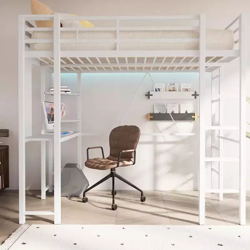 Celebalcony Loft Bed with Desk and Storage Shelves, Frame with 2 Side Ladders for Kids, Teens Adults,Space-Saving and Anti-tilt Design,Black