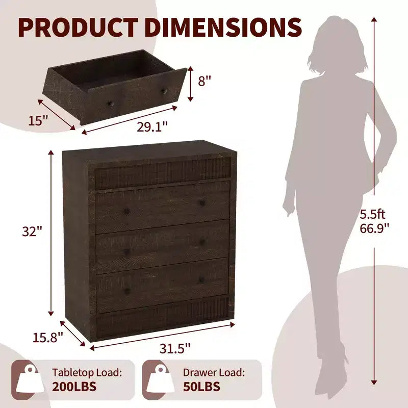 COZONY 3/5 Drawer Dresser, Wide Fluted Wooden Storage Cabinet with Smooth Glide Drawers, Modern Wooden Nightstand