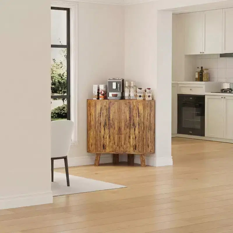Corner Storage Cabinet with Adjustable Shelf, 3-Tier Industrial Wooden Corner Table with Doors, Triangle End Table for Living Room, Kitchen