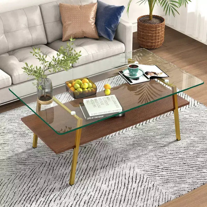 Rectangle Coffee TableGlass Coffee Table with Tempered Glass Top, Metal Legs, Modern Transparent Table for Living Room, Apartment, or Home
