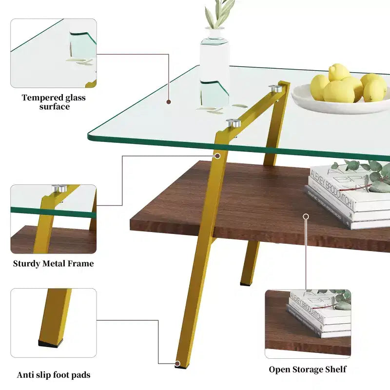 Rectangle Coffee TableGlass Coffee Table with Tempered Glass Top, Metal Legs, Modern Transparent Table for Living Room, Apartment, or Home