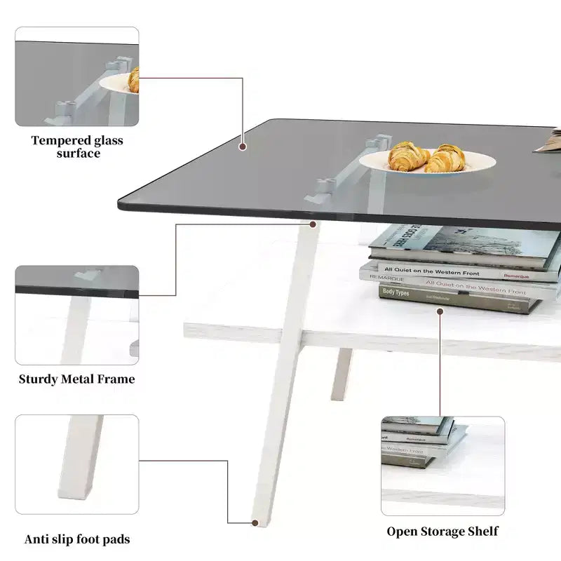 Rectangle Coffee TableGlass Coffee Table with Tempered Glass Top, Metal Legs, Modern Transparent Table for Living Room, Apartment, or Home