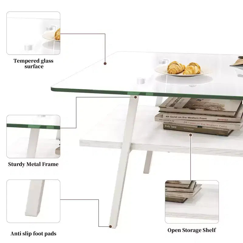 Rectangle Coffee TableGlass Coffee Table with Tempered Glass Top, Metal Legs, Modern Transparent Table for Living Room, Apartment, or Home