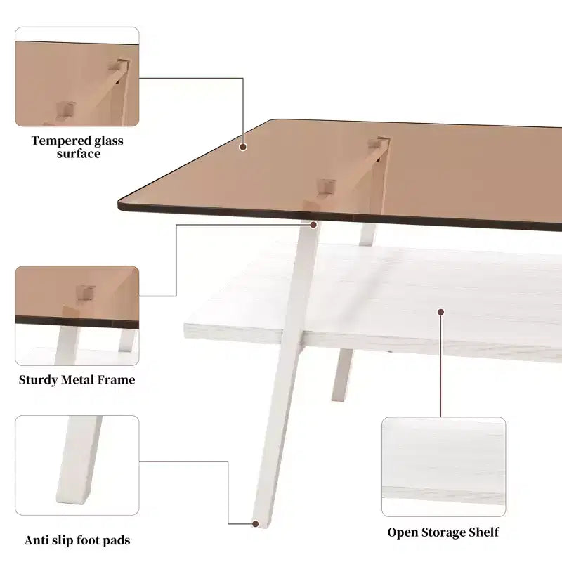 Rectangle Coffee TableGlass Coffee Table with Tempered Glass Top, Metal Legs, Modern Transparent Table for Living Room, Apartment, or Home