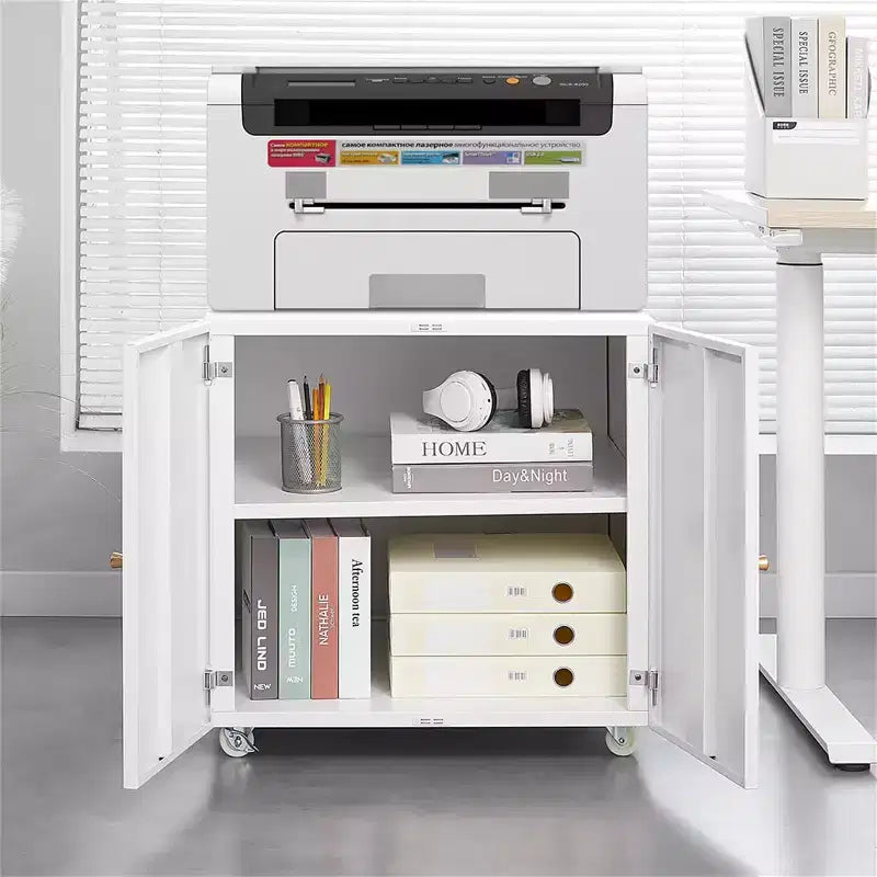 COZONY Printer Stand with Storage, 3D Heavy Duty Printer Table, Adjustable Shelf, Double-Door, on Wheels, Metal Fax Machine Table for Home Office