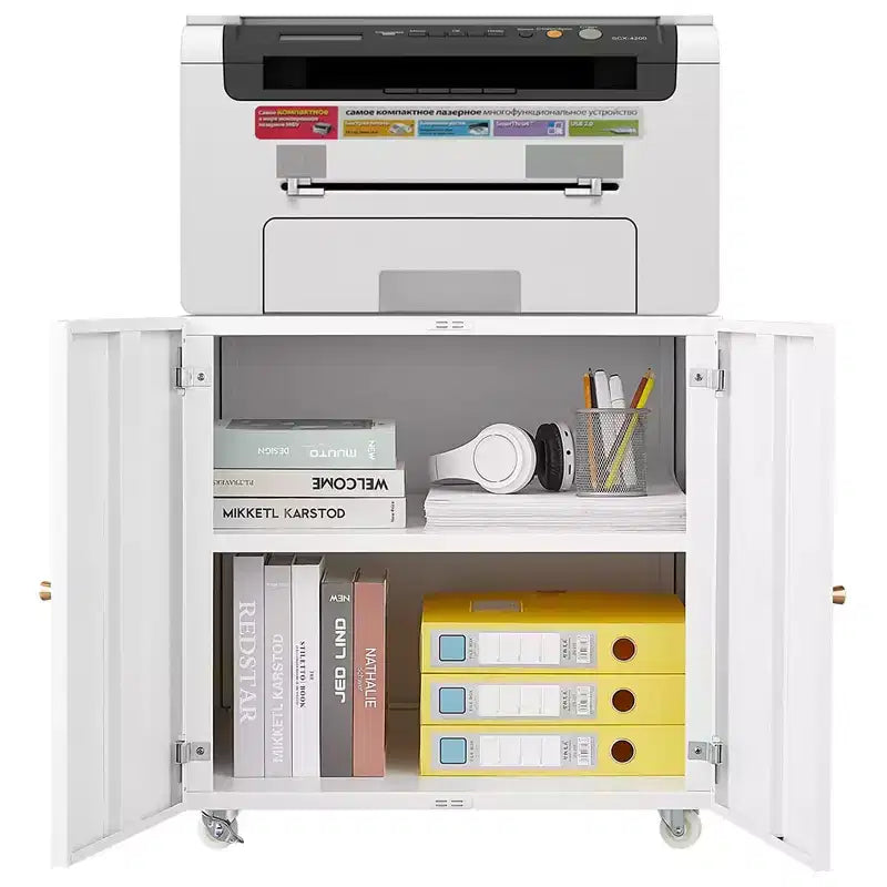 COZONY Printer Stand with Storage, 3D Heavy Duty Printer Table, Adjustable Shelf, Double-Door, on Wheels, Metal Fax Machine Table for Home Office