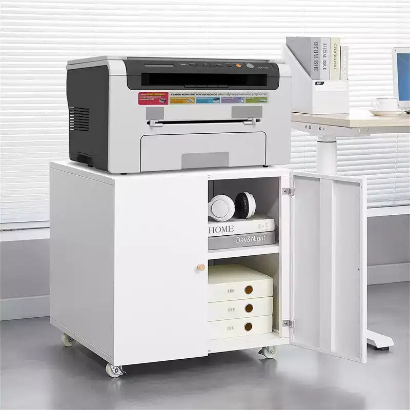 COZONY Printer Stand with Storage, 3D Heavy Duty Printer Table, Adjustable Shelf, Double-Door, on Wheels, Metal Fax Machine Table for Home Office
