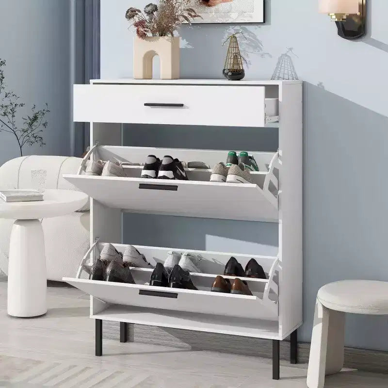 TUYOHW Shoe Cabinet with 2 Flip Drawers, Freestanding Entryway Storage Organizer with Metal Legs & Top Drawer,White