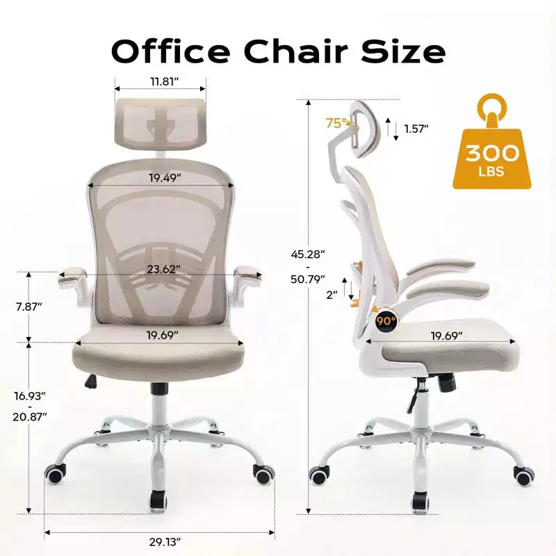 Ergonomic Office Chair  Flip-Up Armrests & Lumbar Support  Wide Seat Gaming Chair for Study/Bedroom/Home Office
