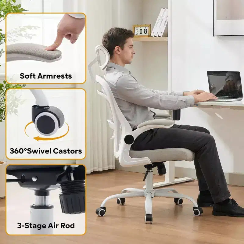 Ergonomic Office Chair  Flip-Up Armrests & Lumbar Support  Wide Seat Gaming Chair for Study/Bedroom/Home Office
