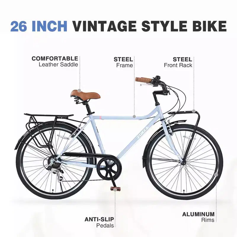 24/26 Inch Vintage Cruiser Bike for Men & Women, Single/7 Speed City Commuter Bike with Rear Rack, Multiple Colors