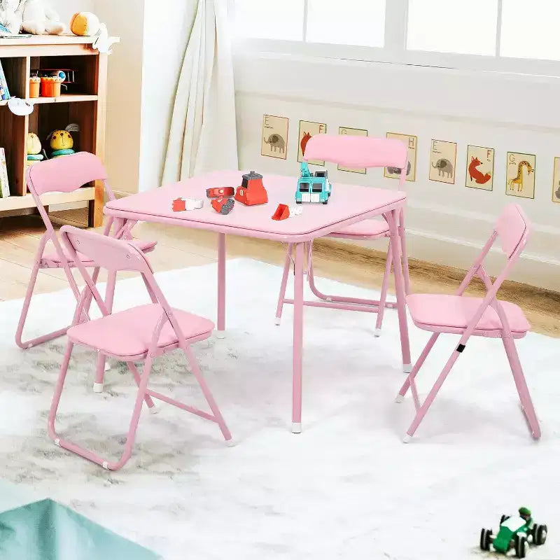 Acekool Metal Folding Card Table and 4 Chair Set, Pink Padded Folding Chairs with Cushion and Steel Frame, Square Foldable Table for Dining Room