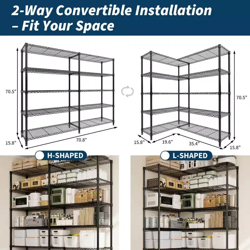 COZONY 4/5-Tier Heavy Duty Metal Shelving Unit, Adjustable Storage Shelves, Convertible Design, Garage, Kitchen, Warehouse