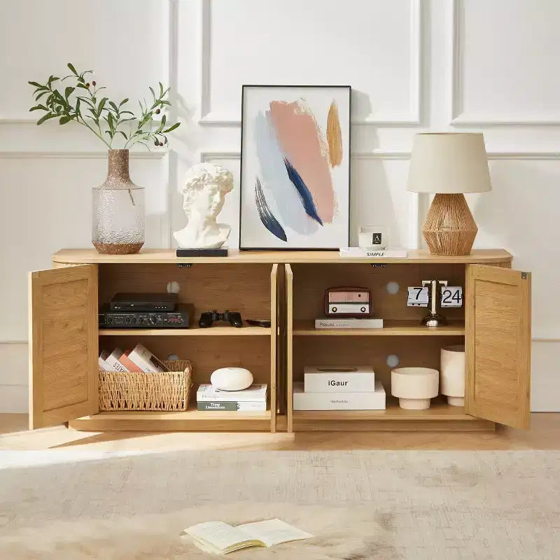 64 Japandi Rattan TV Stand, Media Console with Fluted Rounded Corners and 4 Cane Doors - Panipeachy