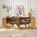 64 Japandi Rattan TV Stand, Media Console with Fluted Rounded Corners and 4 Cane Doors - Panipeachy
