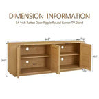 64 Japandi Rattan TV Stand, Media Console with Fluted Rounded Corners and 4 Cane Doors - Panipeachy