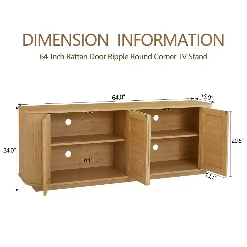 64 Japandi Rattan TV Stand, Media Console with Fluted Rounded Corners and 4 Cane Doors - Panipeachy