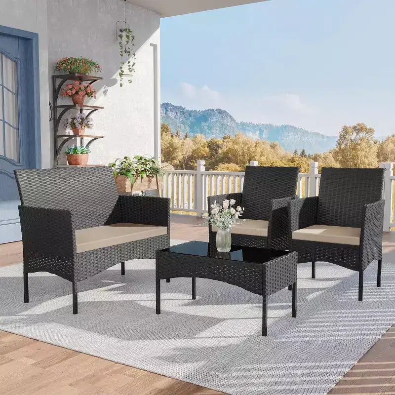 ALAULM 4 PCS Patio Furniture Set Outdoor Wicker Rattan Chairs Conversation Sets w/Coffee Table, Rocking Bistro Set
