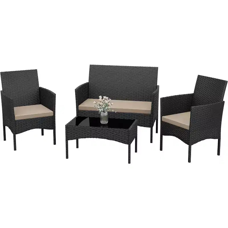 ALAULM 4 PCS Patio Furniture Set Outdoor Wicker Rattan Chairs Conversation Sets w/Coffee Table, Rocking Bistro Set