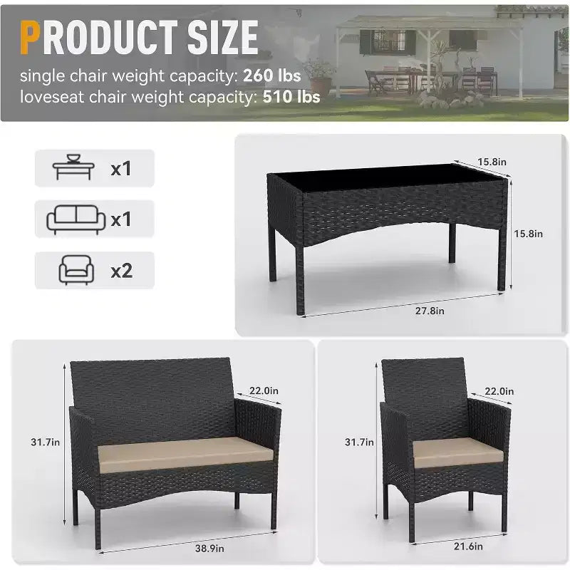 ALAULM 4 PCS Patio Furniture Set Outdoor Wicker Rattan Chairs Conversation Sets w/Coffee Table, Rocking Bistro Set
