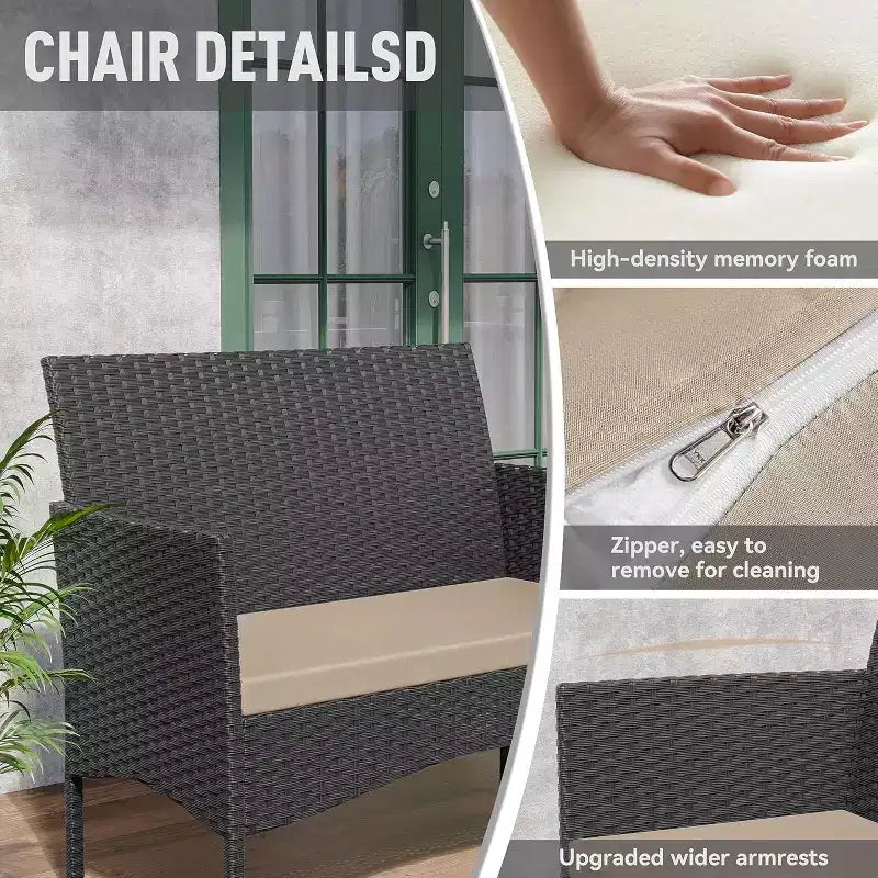 ALAULM 4 PCS Patio Furniture Set Outdoor Wicker Rattan Chairs Conversation Sets w/Coffee Table, Rocking Bistro Set