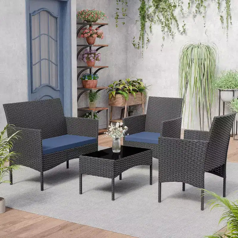 ALAULM 4 PCS Patio Furniture Set Outdoor Wicker Rattan Chairs Conversation Sets w/Coffee Table, Rocking Bistro Set