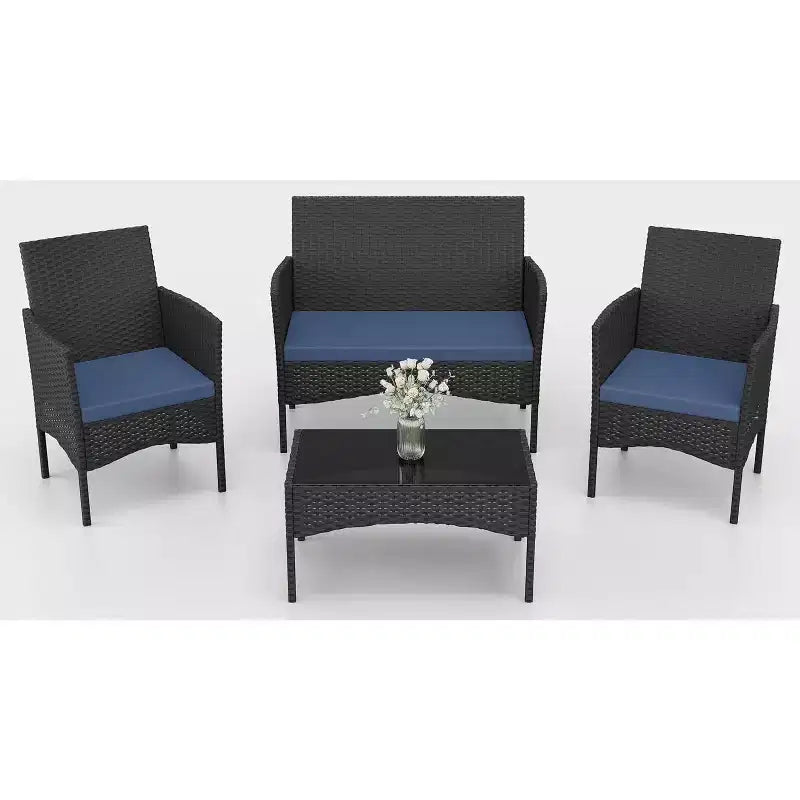 ALAULM 4 PCS Patio Furniture Set Outdoor Wicker Rattan Chairs Conversation Sets w/Coffee Table, Rocking Bistro Set