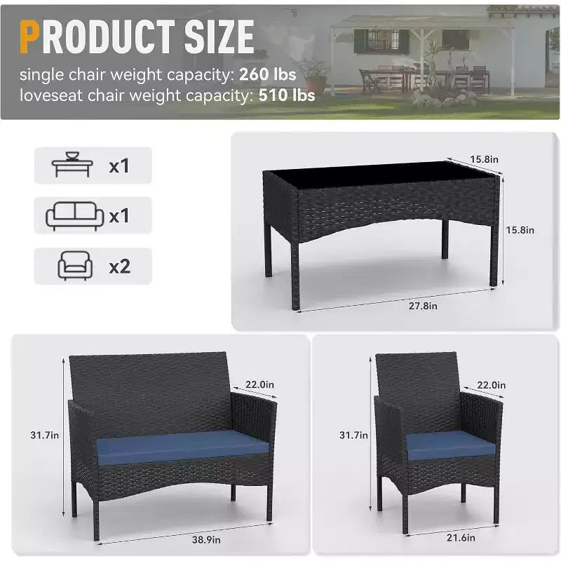 ALAULM 4 PCS Patio Furniture Set Outdoor Wicker Rattan Chairs Conversation Sets w/Coffee Table, Rocking Bistro Set