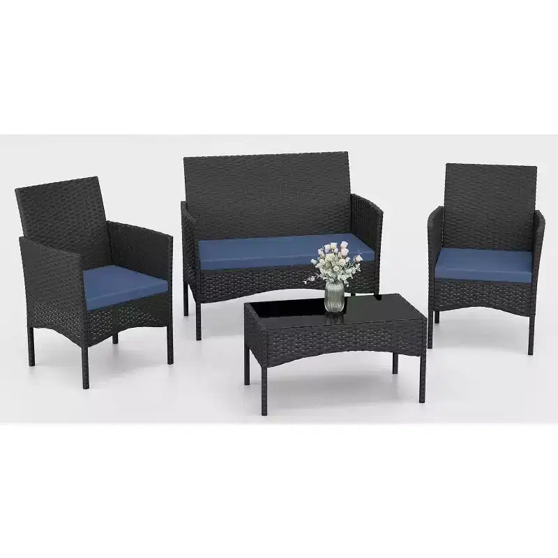 ALAULM 4 PCS Patio Furniture Set Outdoor Wicker Rattan Chairs Conversation Sets w/Coffee Table, Rocking Bistro Set