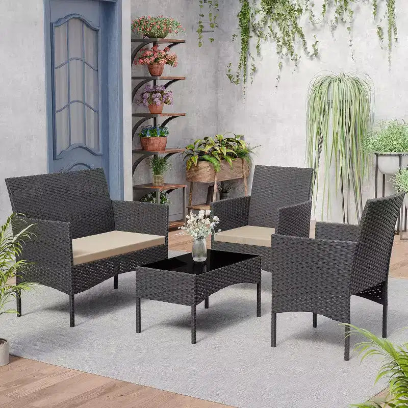 ALAULM 4 PCS Patio Furniture Set Outdoor Wicker Rattan Chairs Conversation Sets w/Coffee Table, Rocking Bistro Set