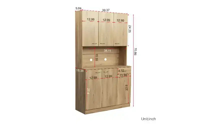TUYOHW 6-Door Storage Cabinet, 70.87 Tall Wardrobe & Kitchen Cabinet with Drawer & Open Shelf, MDF Kitchen Pantry Cabinet & Bedroom Hutch