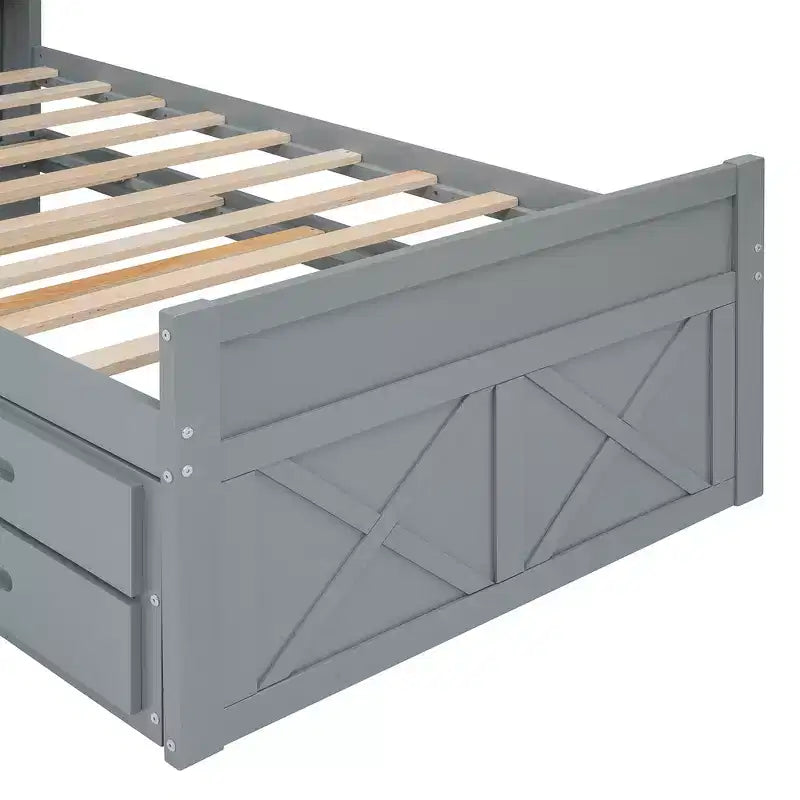 Whisen Twin Wooden Bed, Extendable Bed Frame with Twin Size Trundle, Storage Headboard, Three Drawers