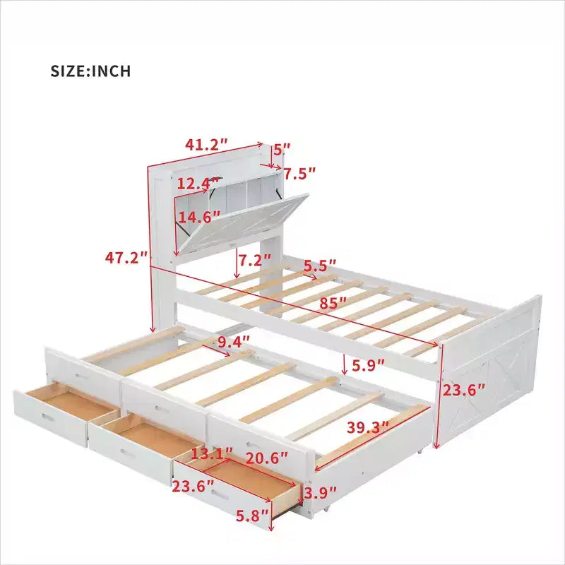 Whisen Twin Wooden Bed, Extendable Bed Frame with Twin Size Trundle, Storage Headboard, Three Drawers