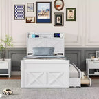 Whisen Twin Wooden Bed, Extendable Bed Frame with Twin Size Trundle, Storage Headboard, Three Drawers