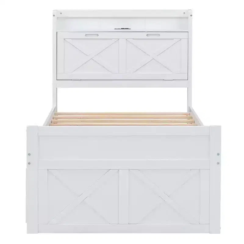 Whisen Twin Wooden Bed, Extendable Bed Frame with Twin Size Trundle, Storage Headboard, Three Drawers